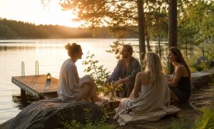 ryhmä ihmisiä rannalla
